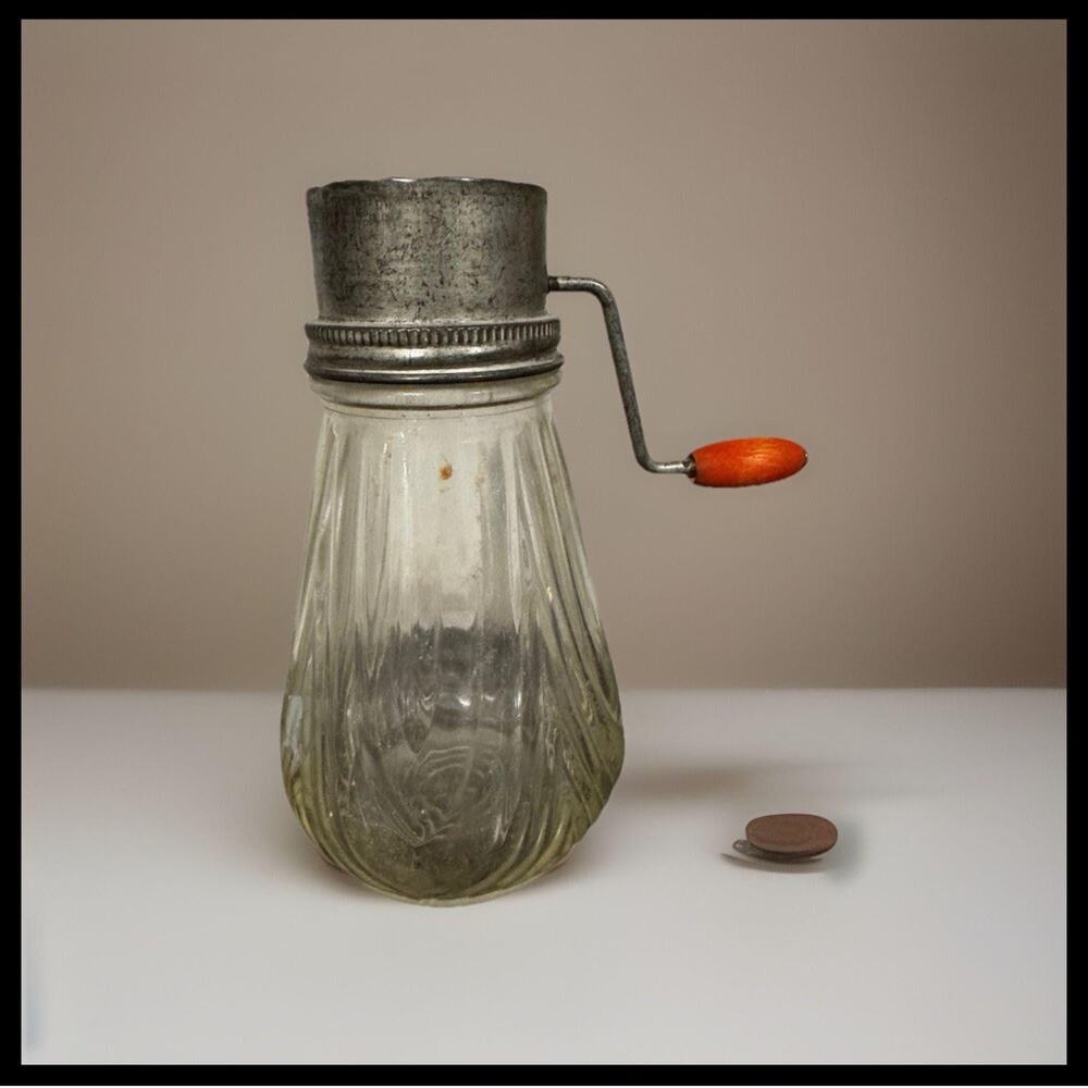 Vintage Glass Jar Nutmeg Grinder Hand Crank Spice Grater Primitive Farmhouse